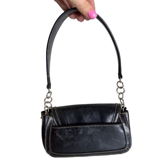 Y2K Vintage‎ Mini Black Leather Shoulder Bag With Silver Buckle Closure - Picture 2 of 9